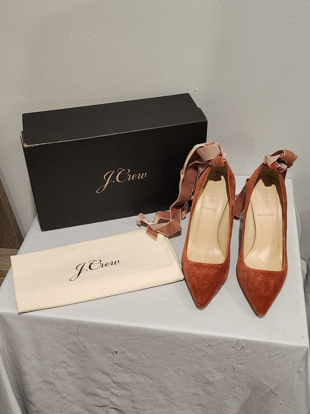 J.Crew Elsie Velvet Ankle-Wrap Pumps Rusted Red Size 6.5 W/Dust Bag & Box